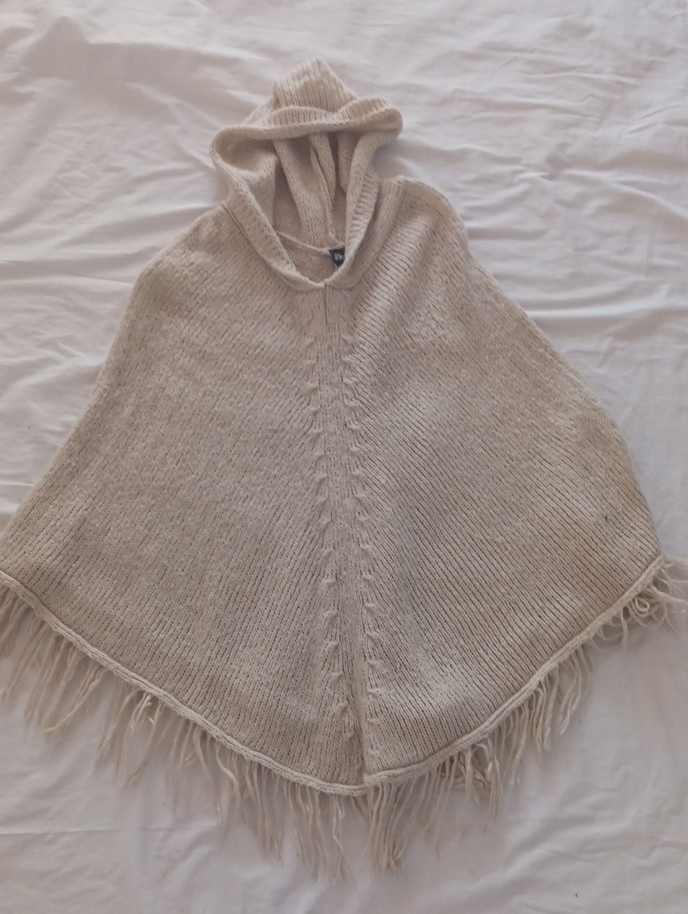 SM New York Beige Hooded Fringe Poncho